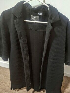 Saints Studio Men’s Black Textured Short-Sleeve Button-Up Shirt - Size Large